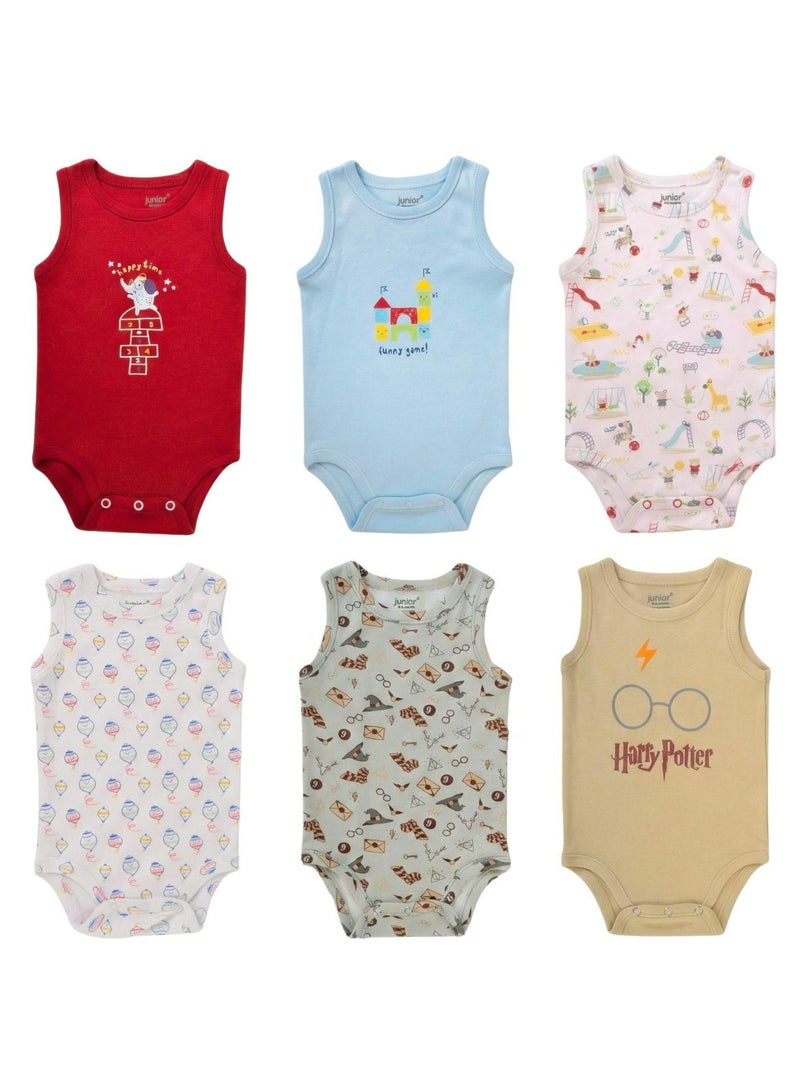 Junior Sleeveless Bodysuits 6-Pack, Pirate & Playground Prints, Striped & Solid Colors, 100% Cotton - Baby Boy - Image 5